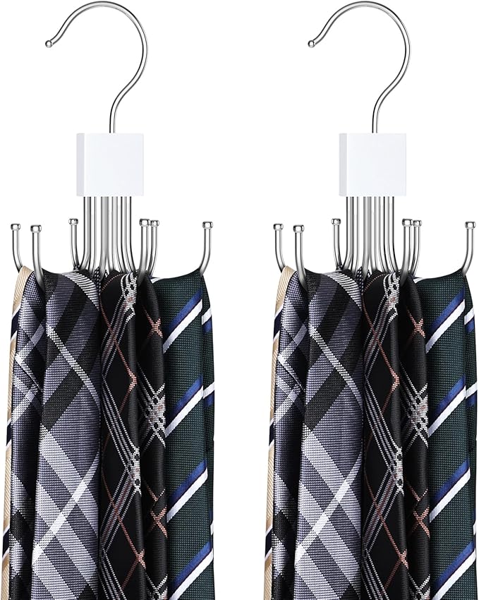 Tie Rack Hanger, Belt Hanger Organizer for Closet 360° Rotatable Max 24 Ties/24 Belts Storage Space Saving Closet Organizers and Storage for Belt, Bra, Tank Top, Tie, Scarf, Purse 2Pcs White