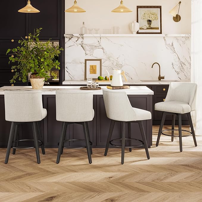 Counter Height Bar Stools Set of 4, Modern Swivel Barstools with Back and Wood Legs, Linen Fabric Upholstered Bar Chairs, 26" H Kitchen Counter Stools, Kitchen Island Home Bar, Ivory