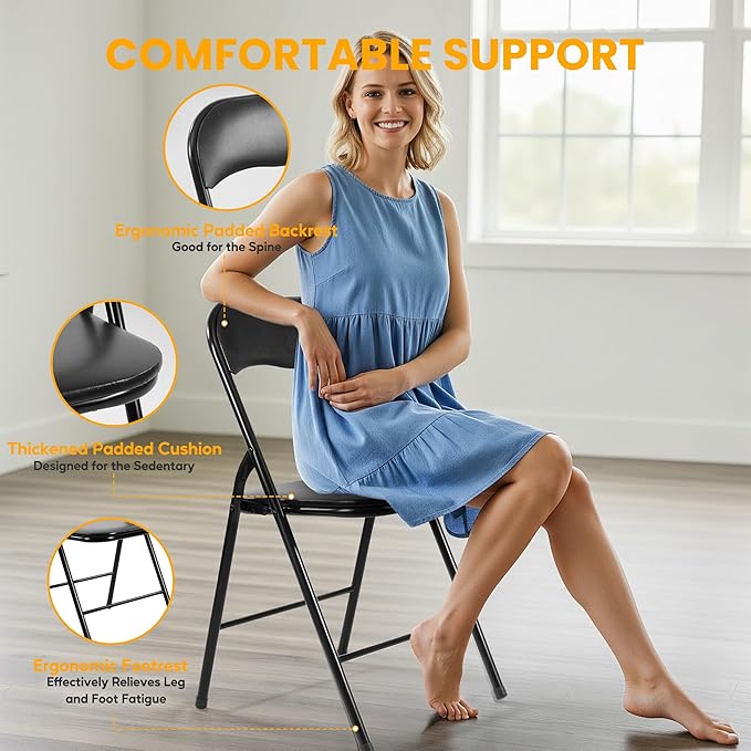 HealSmart 2 Pcs Folding Chairs with Leather Padded Cushion Seats, Back & Sturdy Metal Frame, Stackable, Portable, Commercial Event Seat, Indoor Outdoor for Parties, Home Event, Office, Black