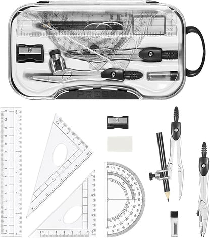 10 Pieces Math Geometry Kit Set Student Supplies with Shatterproof Storage Box,Includes Rulers,Protractor,Compass,Eraser,Pencil Sharpener,Lead Refills,Pencil,for School and Drawings（Black）