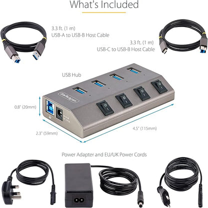StarTech 4-Port Self-Powered USB-C Hub with Individual On/Off Switches, USB 3.0 5Gbps Expansion Hub w/Power Supply,Desktop/Laptop USB-C-USB-A Hub, USB Type C Hub w/BC 1.2(5G4AIBS-USB-HUB-EU),SpaceGray
