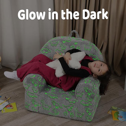 Dinosaur Glow in The Dark Kids Sofa with Star Throw Pillow, High Back Toddler Chair Glow in The Dark for Boys and Girls, Grey
