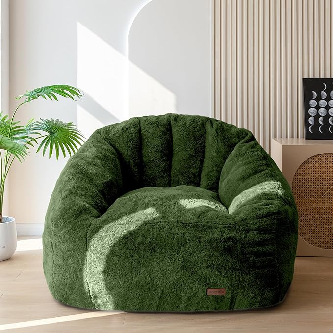 MAXYOYO Giant Bean Bag Chair, Oversized Bean Bag Couch for Adults and Kids, Faux Fur Shell-Shaped Large Chair with Filler, Stuffed Big Accent Sofa Floor Sofa for Gaming, Reading, Green