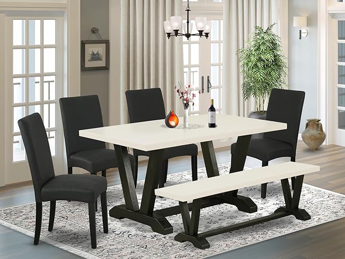 East West Furniture V626DR124-6 6 Piece Kitchen Table & Chairs Set Contains a Rectangle Dining Room Table and 4 Black Color Linen Fabric Parson Chairs with a Bench, 36x60 Inch, Multi-Color
