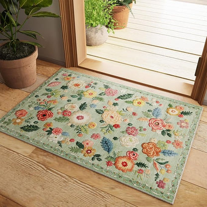 Washable Small Entryway Area Rugs: 2'x3' Floral Green Rug Non Slip Door Mat Indoor Entrance Stain Resistance Low Pile Throw Rugs for Inside Front Door Floor Bedroom Bedside Kitchen Dorm Home Entry