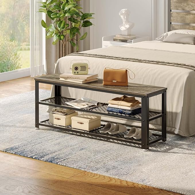 Rolanstar Shoe Bench, 3-Tier Shoe Rack, 39.4” Storage Entry Bench with Mesh Shelves Wood Seat, Rustic Foyer Bench for Hallway Front Door, Doorway, Living Room, Mudroom, Steel Frame, Gray