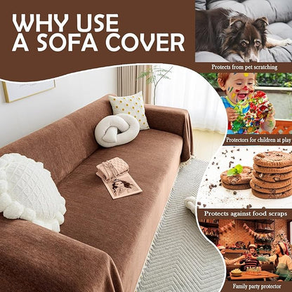 HANDONTIME Boho Style Sofa Cover with Tassels, Washable & Non-Slip Couch Cover for 3 Cushion Sofa, Herringbone Pattern Pet-Friendly Sofa Slipcover, Chocolate Color, 91"x150", Living Room Decor