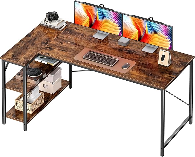 Huuger L Shaped Desk, 55 Inches Computer Desk with Reversible Storage Shelves, for Gaming Corner Home Office Writing Study, Metal Frame, Rustic Brown