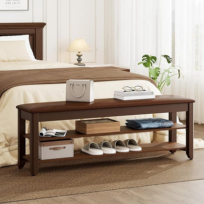 Shoe Rack Bench with Flip-Top Storage, Solid Wood Entryway Bench with Cushion, Adjustable Shelf, for Hallway, Mudroom, Closet – Walnut, 47.2"