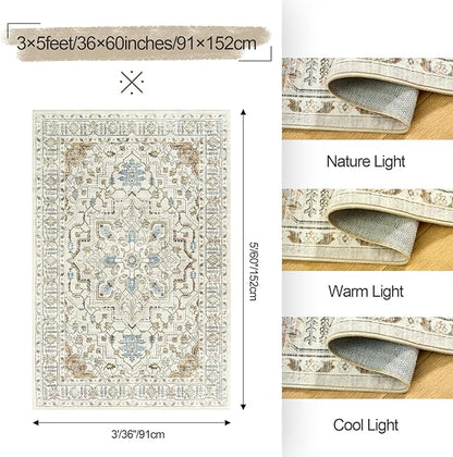 Area Rugs for Living Room - 3x5, Boho Non-Slip Low Pile Carpet Machine Washable Rugs for Bedroom Office, Dining Room (Beige)
