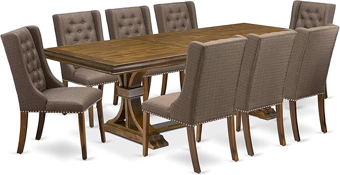 LEFO9-AWA-18-9-Piece Kitchen Table Set Includes a Breakfast Table and 8 Brown Linen Fabric Parson Chairs with Button Tufted Chair Back - Antique Walnut Finish.