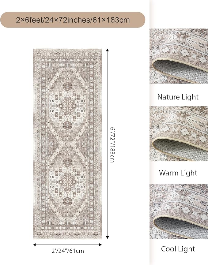 Washable Runner Rug 2x6 Hallway Runner Rug Ultra-Thin Kitchen Rug Non Slip Indoor Floor Foldable Carpet with Low Pile for Entryway Bathroom Laundry Room Living Room(Brown/Beige,2'x6')