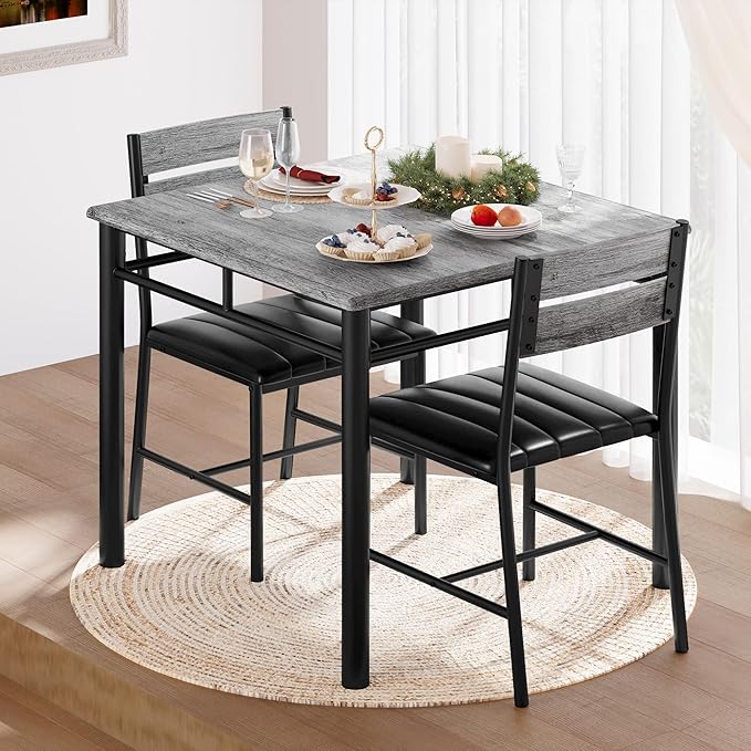 IRONCK Dining Table Set for 2, Small Kitchen Table with Upholstered Chairs for Kitchen & Dining Room, Compact Dining Set for Small Spaces, Gray