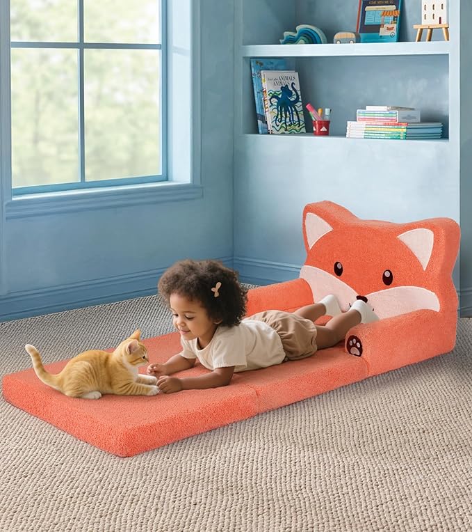 Kids Couch, 2-in-1 Soft Toddler Couch Fold Out with Blanket, Chair Comfy, Foldable Convertible Plush Sofa to Lounger, Gifts for Kids Girl Boys, Fox