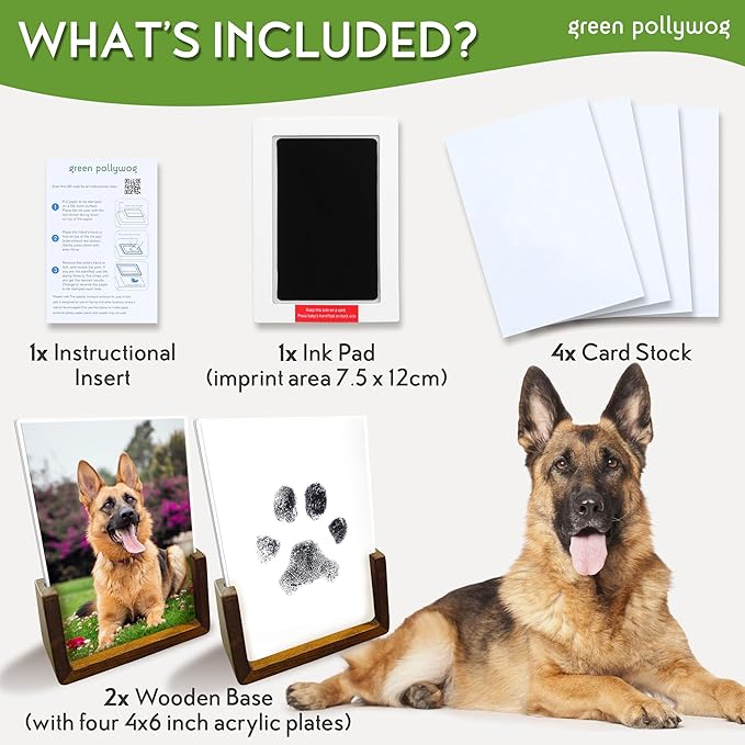 Green Pollywog | Wood Base Pawprint Frame Kit | (2) 4” x 6” Vertical Wooden Picture Frames | Extra-Large Clean Touch Ink Pad | Dog Paw Print Gifts | No Mess Ink Pad | Pet Memorial Picture Frame