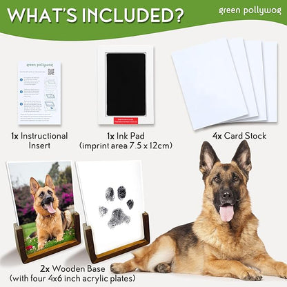 Green Pollywog | Wood Base Pawprint Frame Kit | (2) 4” x 6” Vertical Wooden Picture Frames | Extra-Large Clean Touch Ink Pad | Dog Paw Print Gifts | No Mess Ink Pad | Pet Memorial Picture Frame
