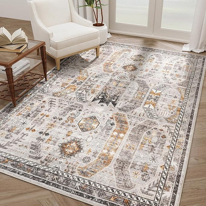 6x9 Area Rugs for Living Room - Stain Resistant Machine Washable Rugs for Bedroom,Non-Slip Backing Large Area Rug (Brown/Gold, 6'x9')