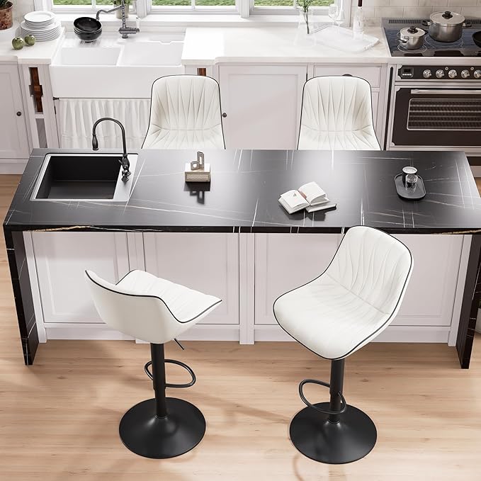 YOUNIKE Bar Stools Set of 2 for Kitchen Island, White Faux Leather Padded Bar Stools, Adjustable Barstools with Back, Modern Tall Bar Stools with 300LBS Support, Counter Height Swivel Bar Chairs
