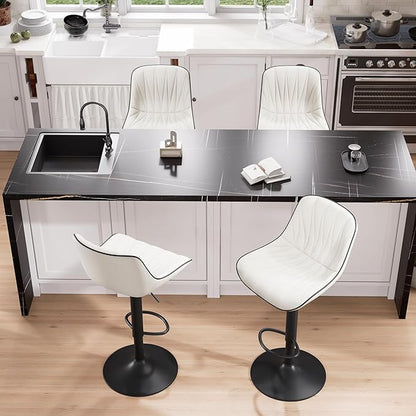 YOUNIKE Bar Stools Set of 2 for Kitchen Island, White Faux Leather Padded Bar Stools, Adjustable Barstools with Back, Modern Tall Bar Stools with 300LBS Support, Counter Height Swivel Bar Chairs