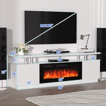 70'' Fireplace TV Stand, Entertainment Center with 36'' Firplace, 2 Tier TV Console Cabinet with Storage Cabinet, Electric Fireplace Heater with LED Light and 12 Flame Colors, White