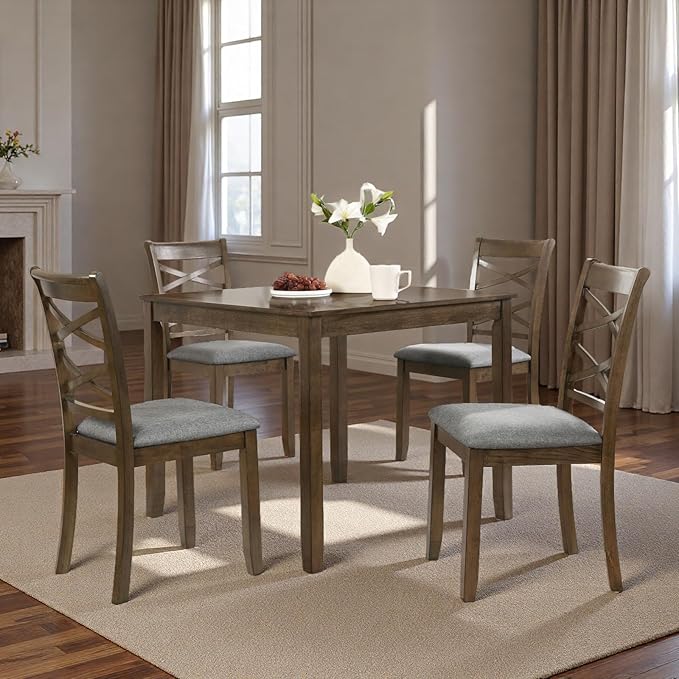 Dining Table Set, Wooden Kitchen Table Set with Square Table, 4 Flat X Backrest Upholstered Chairs, Table and Chairs with Non-Slip Feetmats for 4 People, Living Room and Kitchen, Walnut
