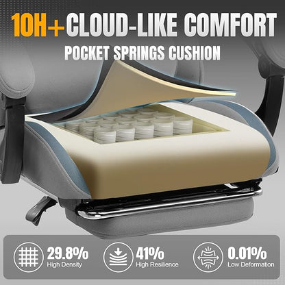 GTRACING Gaming Chair with Foot Rest & Pocket Spring Cushion, Breathable Fabric for Home Office Desk, Ergonomic High Back Computer Chair with Headrest & Lumbar Support, Gray