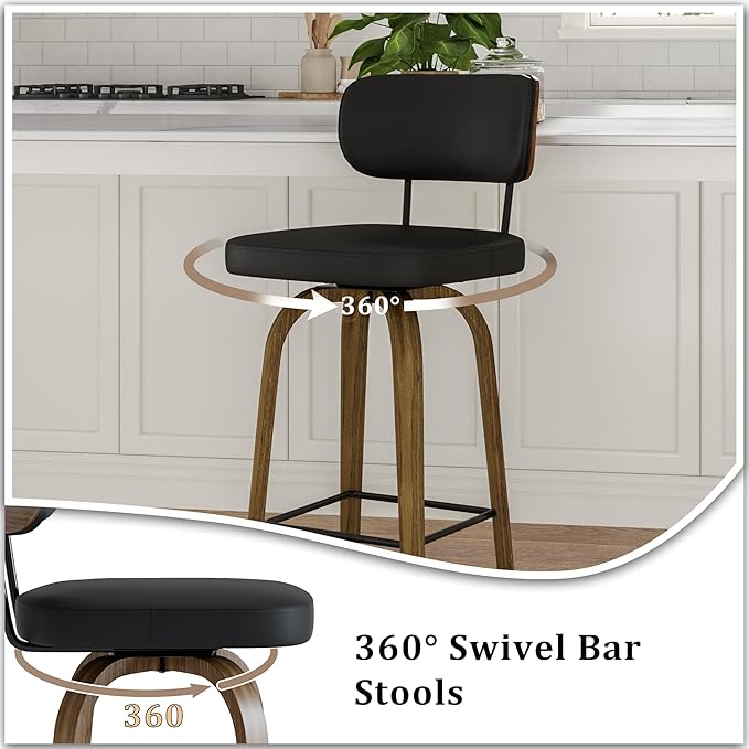 Swivel Counter Height Bar Stools with Back Set of 2, 26" Faux Leather Kitchen Bar Stools with Wood Legs and Metal Footrest for Kitchen Island (Black PU)