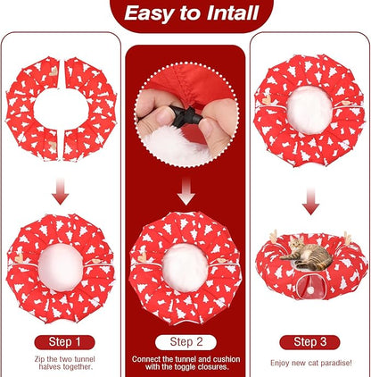 Cat Tunnel Bed Under Christmas Tree, 35' Xmas Peekaboo Cat Cave with Toy Balls and Circle Cushion. Multifunctional Playground Pet Toys Gifts for Kitty, Rabbit and Small Animals, Red + White
