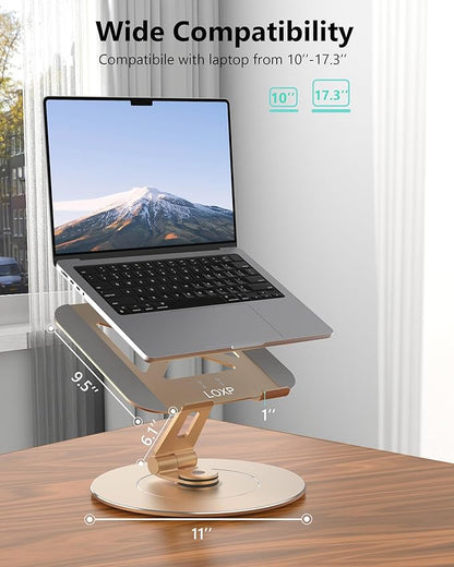 Ultra-Stable Aluminumy Laptop Stand for Desk with Foldable Phone Holder, 300% Large Base Stability, Anti-Loosening,Suitable for 10"-17.3" Laptops, Champagne Golden