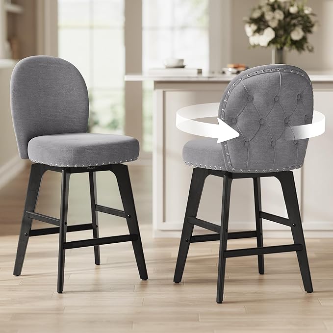 VASAGLE Bar Stools Set of 2, Swivel Counter Height Bar Stools with Back and Wood Legs, Chenille Fabric Upholstered Barstools, 26.2-Inch Tall Counter Barstools for Kitchen Island, Slate Gray