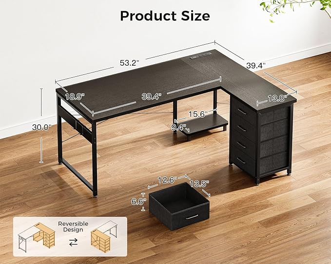 AODK L Shaped Gaming Desk with 4 Drawers, 53" Reversible Home Office Desks with Power Outlets, L Shaped Computer Desk with USB Charging Port and Host Stand, Corner Desk, Easy to Assemble, Black