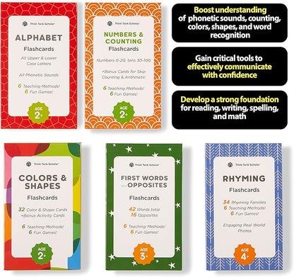 Award-Winning Flash Cards for Preschool & Kindergarten – 5-Deck Set, 180 Jumbo Cards – Learn Alphabet, Numbers, Colors, Shapes, First Words, Opposites & Rhyming – for Kids Ages 2–5