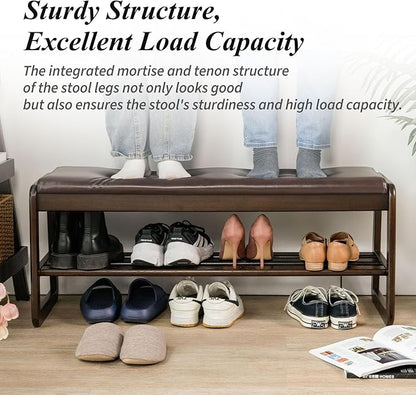 Shoe Bench, Entryway Bench with Leather Cushion, Solid Wood Shoe Rack, Mid Century Modern Bench, Shoe Storage, Shoe Organizer for Entryway (Grey, 21.7" W)