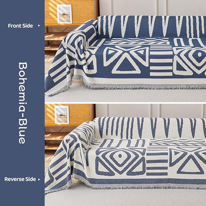 STACYPIK Reversible Boho Blue Beige Couch Cover for 2 Cushion Couch Sofa Cover for Dogs Anti-Scratch Furniture Protector Cover with Tassels for Pet Cat Non-Slip Loveseat Cover for Sectional-71X102IN