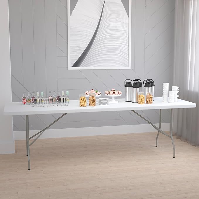 Flash Furniture Elon 8' Rectangular All-Occasion Plastic Folding Event Table, Foldable Portable Banquet Table for Indoor/Outdoor Events, White