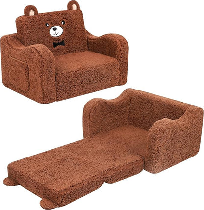 Kids Chairs for Toddler, 2-in-1 Toddler Soft Sherpa Couch Fold Out, Convertible Sofa to Lounger for Girls and Boys, Teddy Bear, Brown