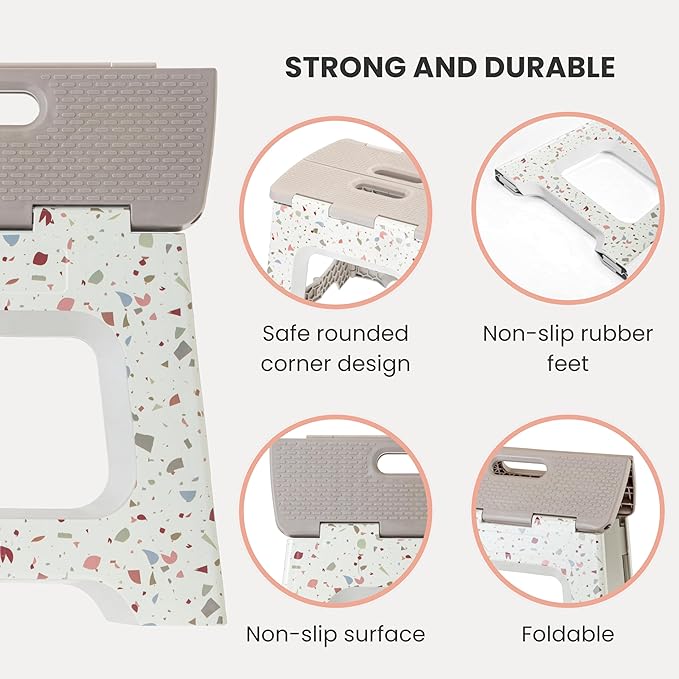 Vigar Compact Step Stool Foldable, 12-1/2-inch Step Stools for Adults up to 330 Pound, Lightweight Stool, Non-Slip Folding Step Stool, Grey Terrazo Pattern