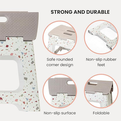 Vigar Compact Step Stool Foldable, 12-1/2-inch Step Stools for Adults up to 330 Pound, Lightweight Stool, Non-Slip Folding Step Stool, Grey Terrazo Pattern
