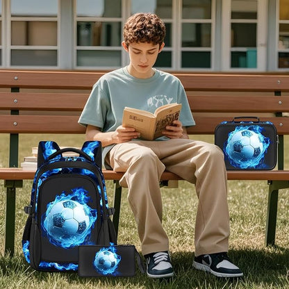 School Backpacks for Boys - 4pcs Soccer Boys Backpacks with Lunch Box Set for Kids Teens Elementary Middle School, 17″ Large Capacity Students Bookbag, Perfect for Travel
