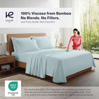 Kickoff Viscose Bamboo Sheets Twin XL Size 3-pc 100% Organic Bamboo Viscose Bed Cooling Sheets Twin XL Size Set Cool Bedding for hot Sleepers Sheet, Flat, Fitted, Pillowcase (Coastal Blue, TXL)