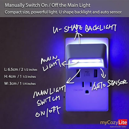 Dimmable Blue Night Lights, Dual Light, Adjustable LED Night Light Plug in, Dusk to Dawn Sensor, Auto ON OFF, Wall Night Light with Switch for Bedroom, Bathroom, Kitchen, Hallway, Stairway, 2 Pack