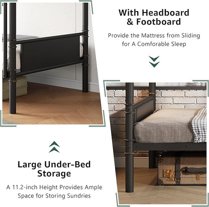 Metal Bunk Bed Twin Over Twin, Industrial Bunkbeds Heavy Duty Bed with Safety Guard Rails and Space-Saving Design, Steel Bed for School, Bedroom (Black)