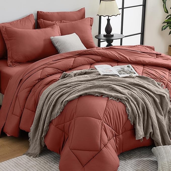 HEVUMYI Terracotta King Comforter Set - 7-Piece All Season Bed in a Bag King, Ultra Soft Bedding Set with Comforter, Flat Sheet, Fitted Sheet, Pillowcases, Pillow Shams