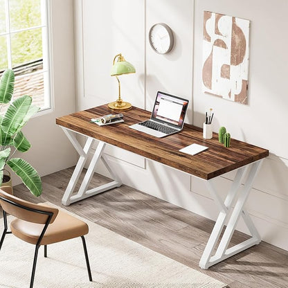Tribesigns Modern Walnut/White 55" Heavy Duty Computer Desk, Study & Work Desk, 23.6"D x 55.1"W x 29.5"H, Z-Shaped Metal Legs, 330 lbs Capacity