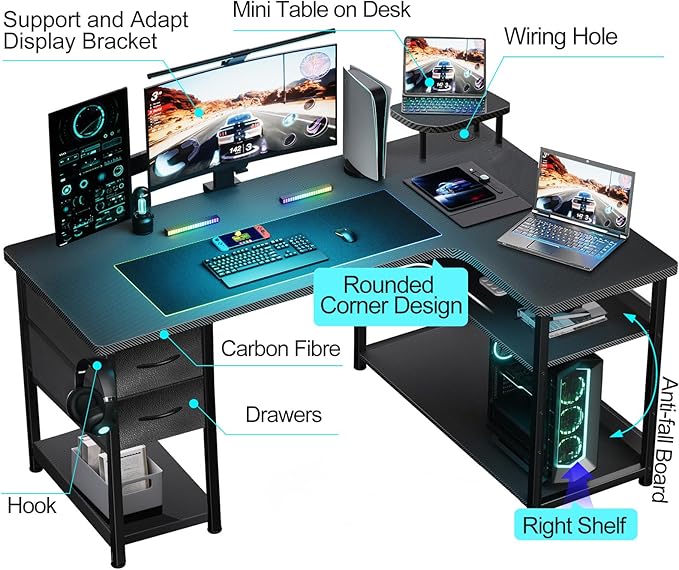 GTRACING Gaming Desk with Drawers, Carbon Fiber Style L Shaped Computer Desk Compatible with Monitor Arm Corner Desk Gaming Table for Home Office Desks, Easy to Assemble Adjustable Shelf Height