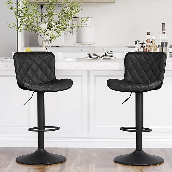 YOUNUOKE Bar Stools Set of 2 Faux Leather Barstools with Back Modern Swivel Counter Height Stool Adjustable High Bar Chairs for Kitchen Islands, Black