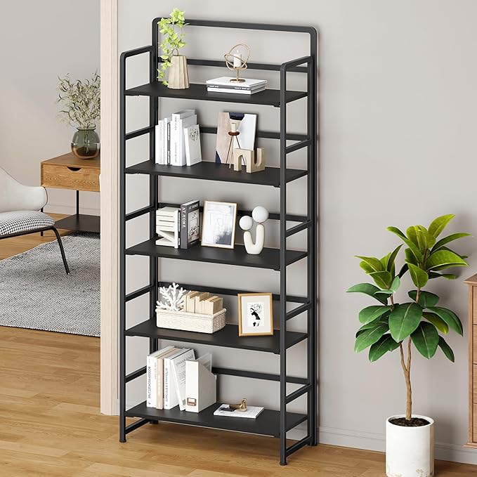 No Assembly Folding Bookshelf, 5 Tiers Collapsible Book Shelf for Home Office, Vintage Wood Foldable Bookcase Storage Organizer for Living Room Bedroom (Black)