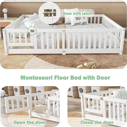 Queen Size Floor Bed Frame with Slats and Safety Guardrail, Wood Queen Size Montessori Floor Bed with Door and Fence, Easy Assemble Montessori Beds for Kids, Girls, Boys, White