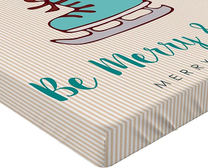 Ambesonne Christmas Fitted Sheet, Merry Calligraphy with Little Fox in Ice Skate Boot Heart on Stripes, Bed Cover with All-Round Elastic Deep Pocket for Comfort, Queen Size, Beige Seafoam and Amber
