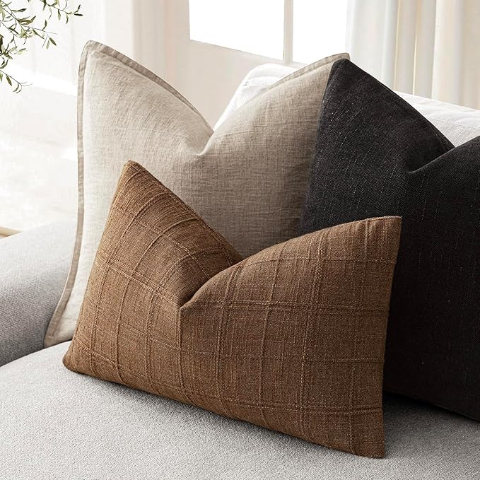 Foindtower Set of 2 Decorative Linen Check Throw Pillow Covers Neutral Farmhouse Lumbar Cushion Covers Modern Boho Home Decor for Sofa Chair Couch Bedroom Living Room Outdoor,12×20 Inch,Brown Hazel